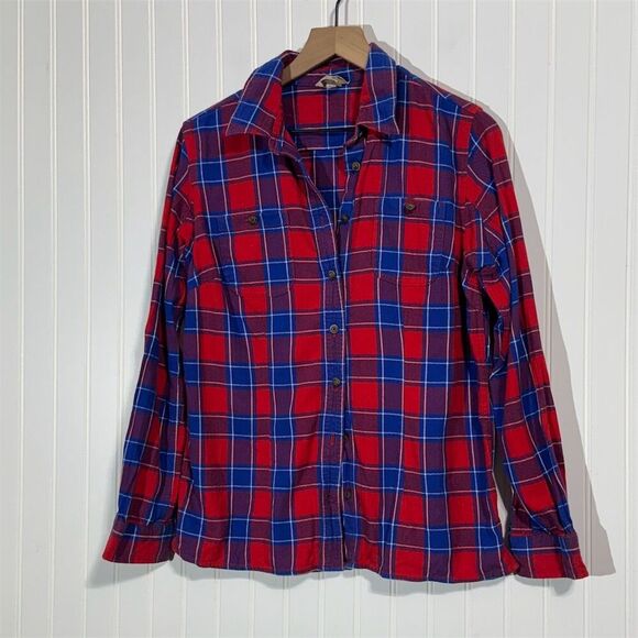 Duluth Trading Flannel Shirt M Red Blue Plaid 100 Cotton Button Down Long Sleeve - Picture 1 of 9